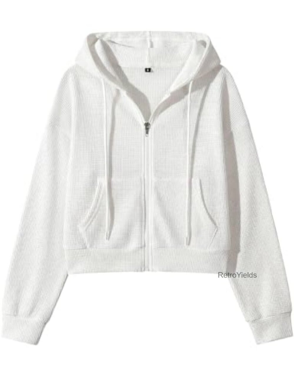 Cropped Zip Up Hoodie Waffle Knit Cotton Blend Long Sleeve